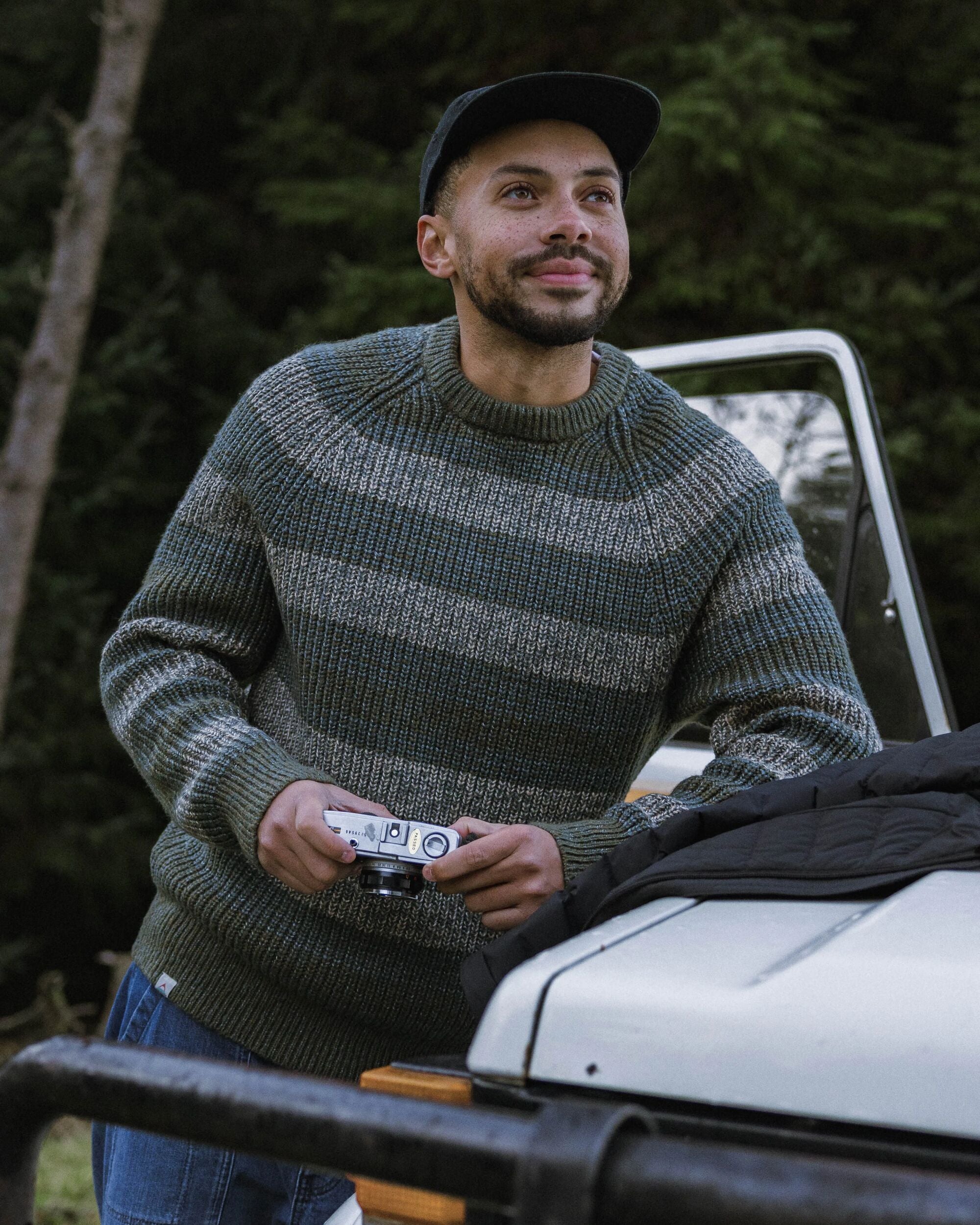 Fog Recycled Knitted Jumper - Dark Olive Multi Stripe - Lifestyle