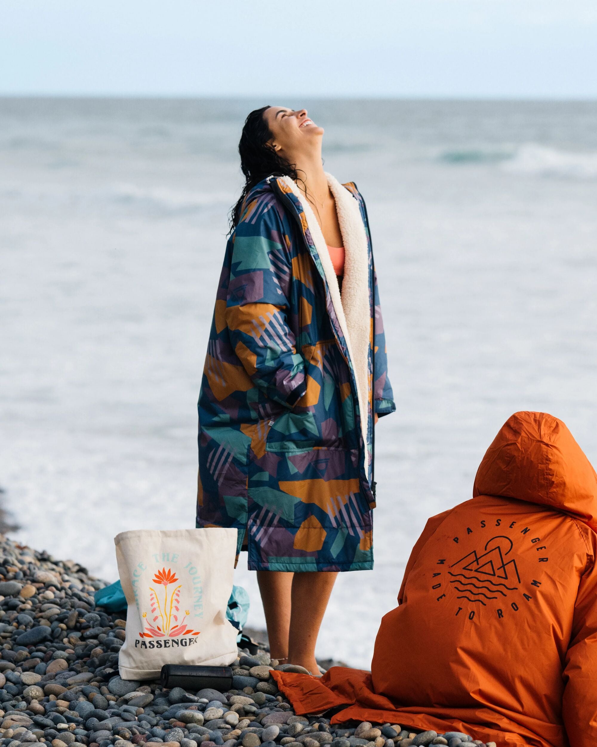 Waves Recycled Sherpa Lined Changing Robe - Deep Blue Camo Pattern - Lifestyle - Female