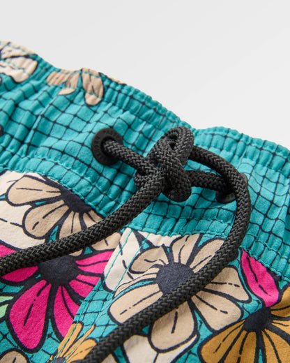 Way Out Short - Floral Grid Ocean Teal - Flatlay