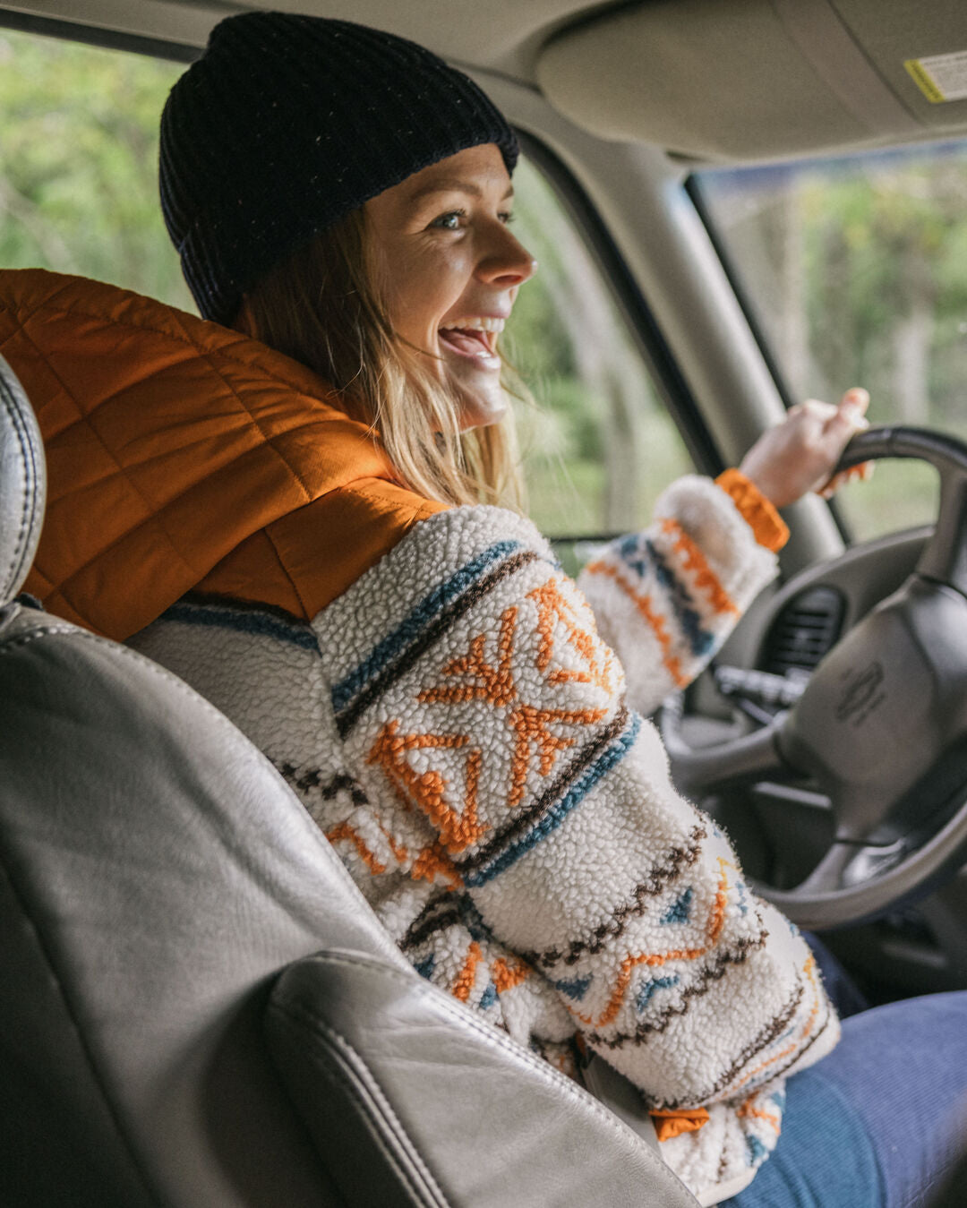 Beaumont Recycled Sherpa Hooded Fleece - Homespun Stripe Sunrise Orange - Lifestyle