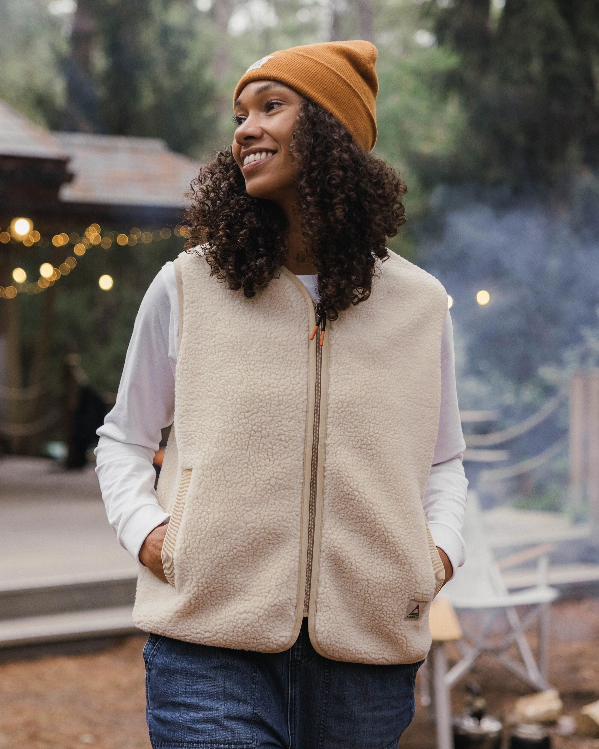 Tawny Collarless Deep-Pile Sherpa Gilet - Oat - Lifestyle