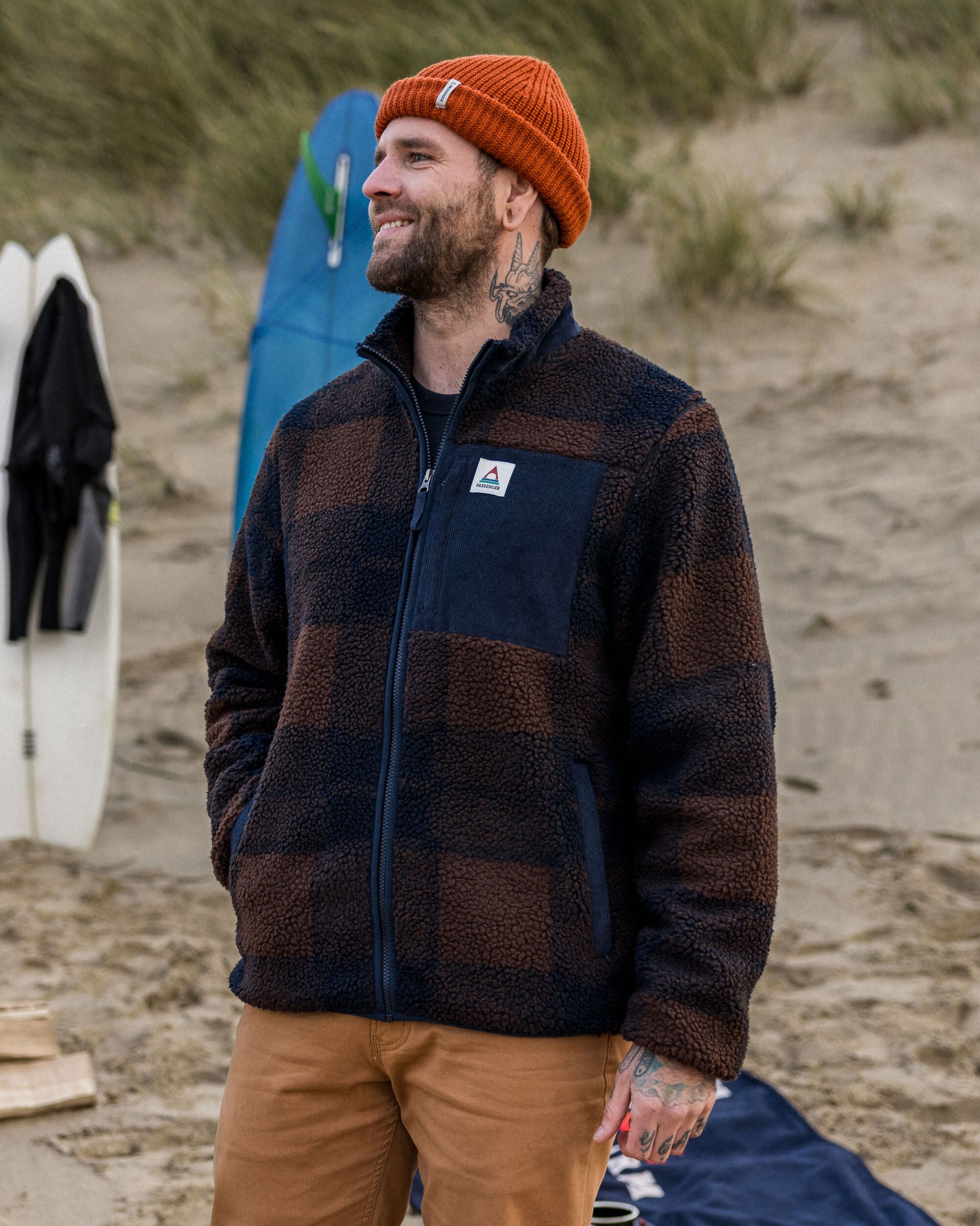 Trekker Recycled Deep-Pile Sherpa Fleece - Chestnut/Deep Navy Check - Lifestyle