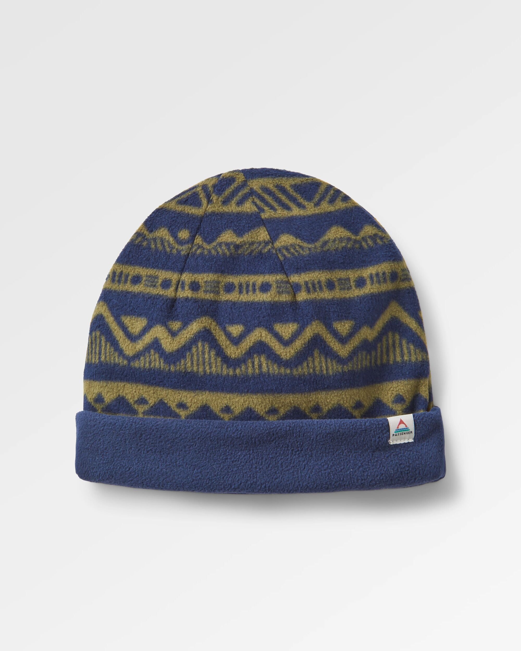 Set Off Recycled Polar Fleece Beanie - Mountain Geo Khaki/Rich Navy - Flatlay
