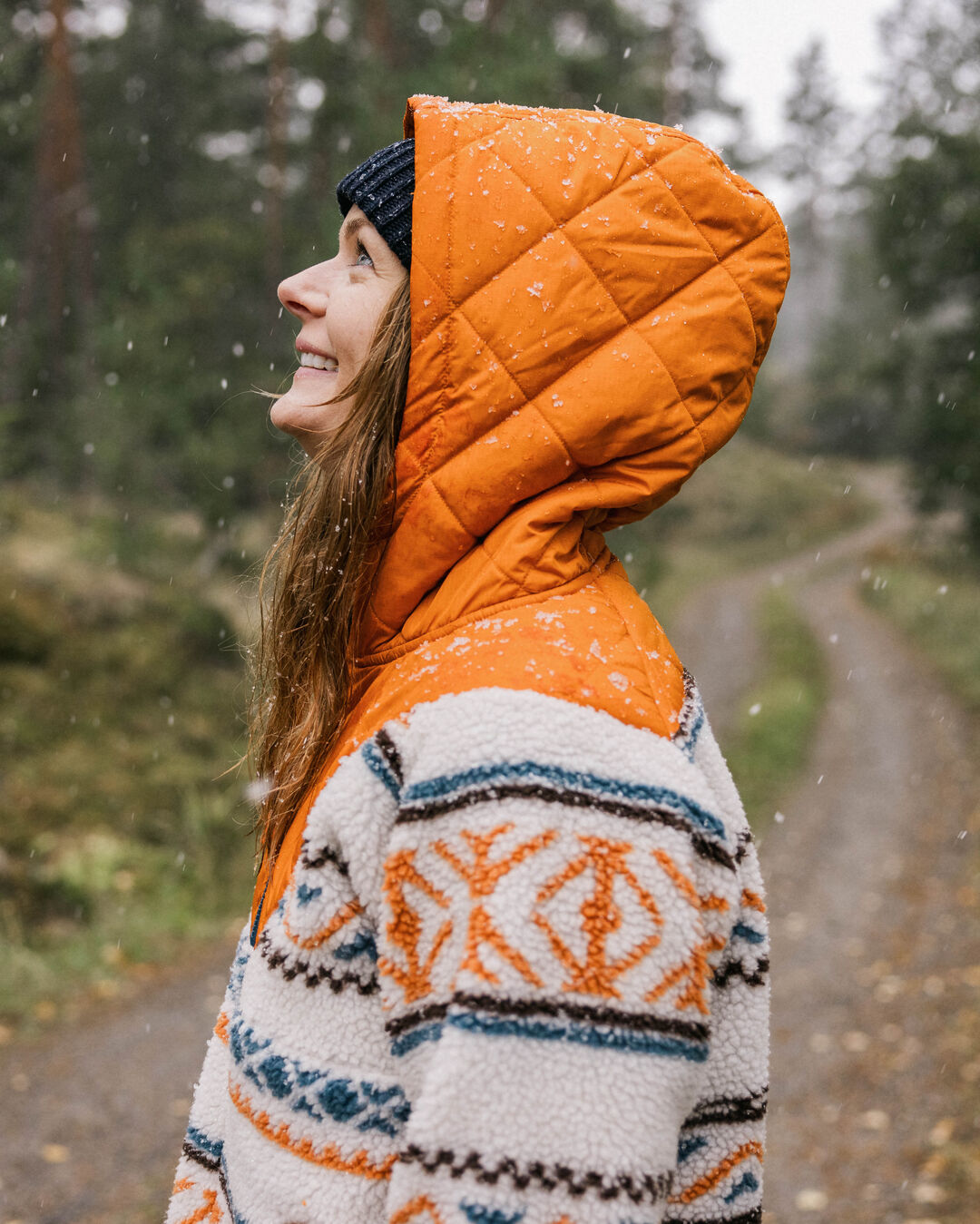 Beaumont Recycled Sherpa Hooded Fleece - Homespun Stripe Sunrise Orange - Lifestyle
