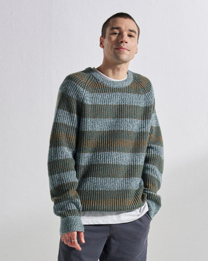 Fog Knitted Jumper - Faded Denim Multi Stripe - Studio Model
