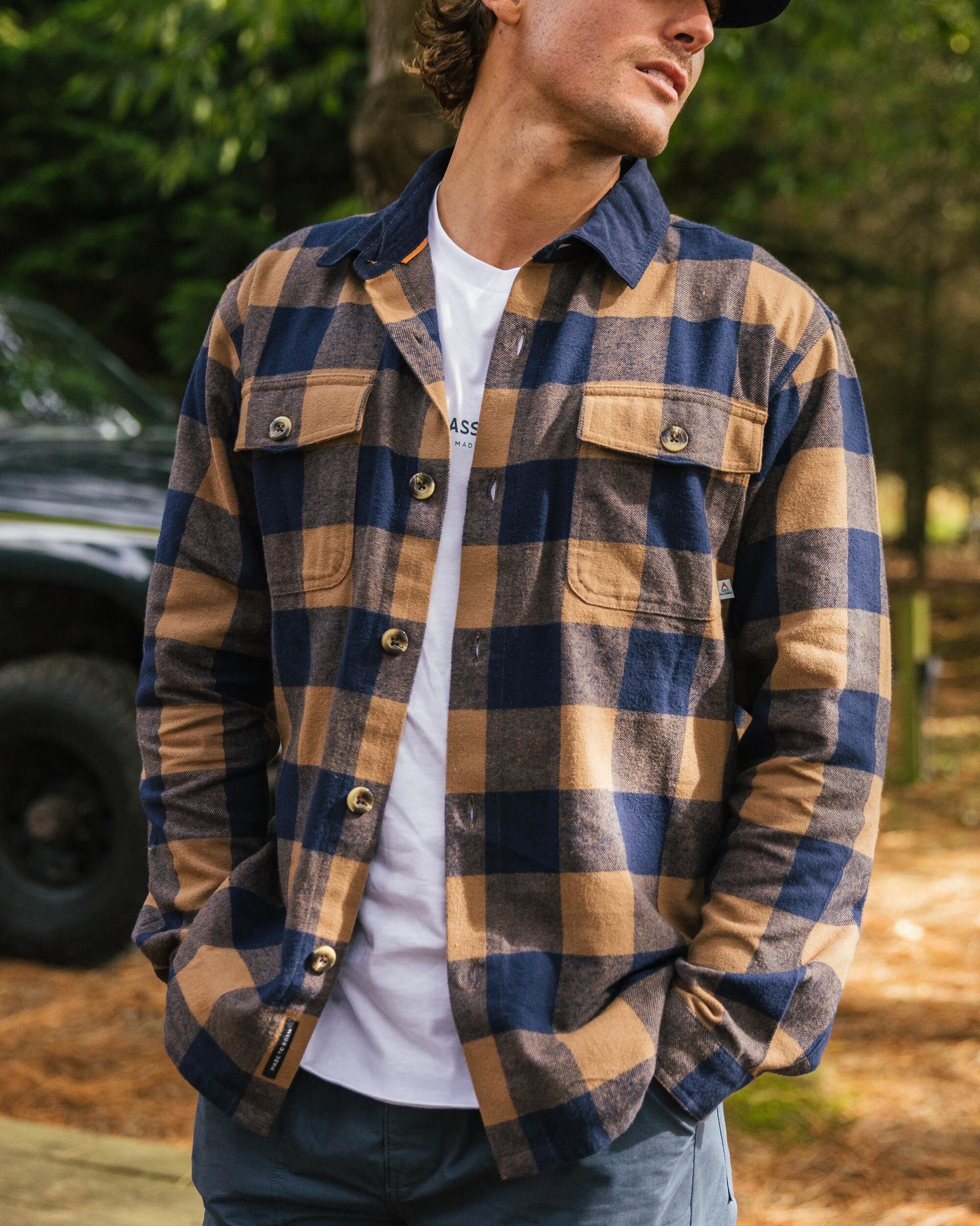 Rustic Organic Cotton Shirt - Toffee/Rich Navy Buffalo - Lifestyle