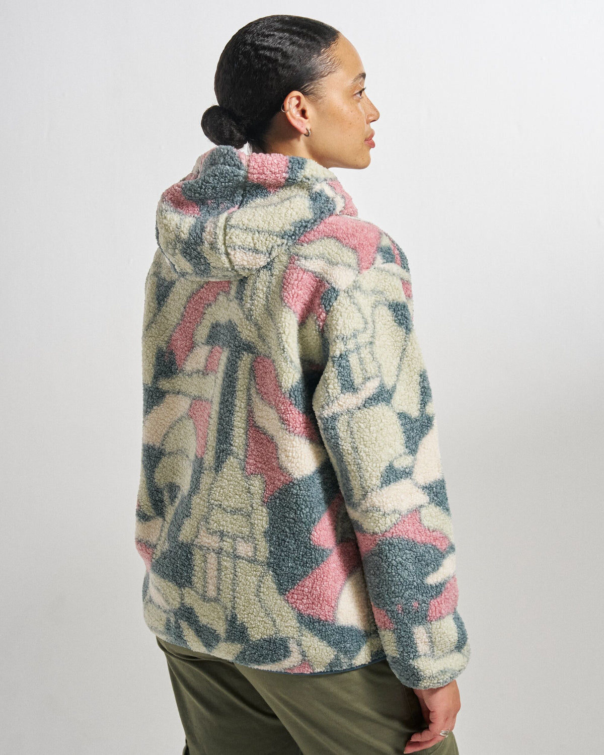 Clover Sherpa Fleece Hooded Jacket - Slower Rhythms Stormy Blue - Studio Model