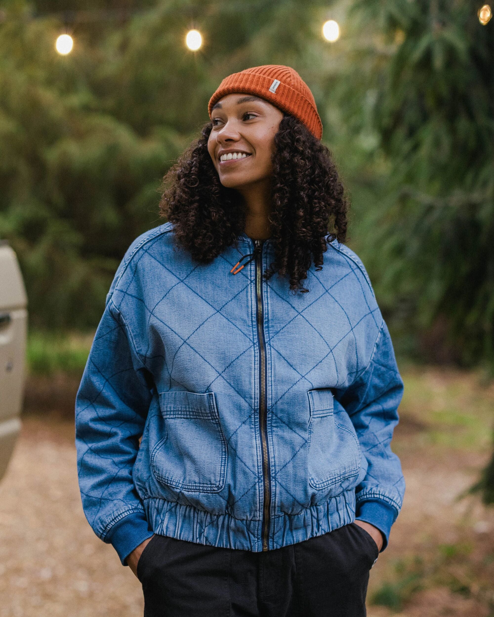 Lucia Denim Sherpa Lined Bomber Jacket - Denim Blue - Lifestyle