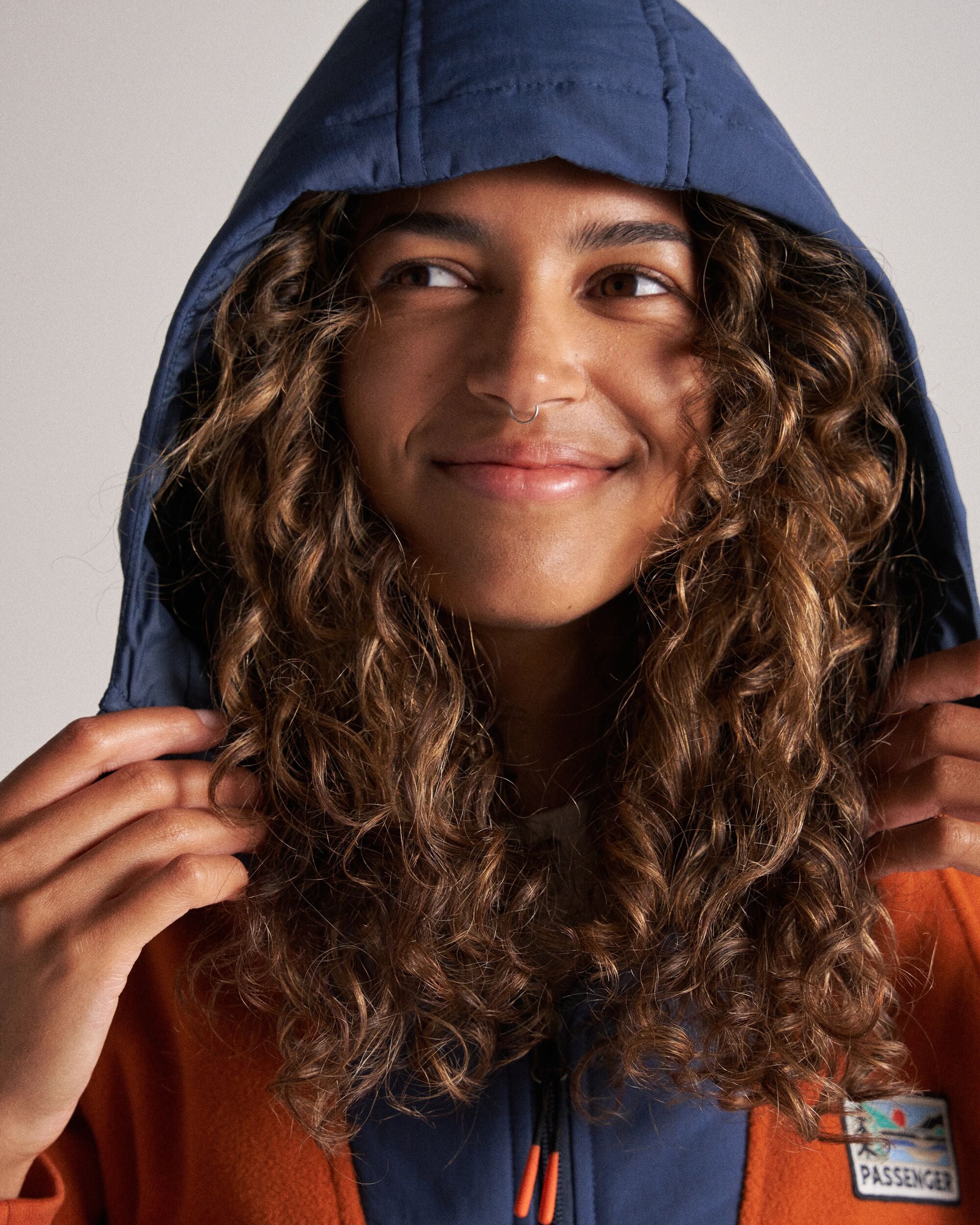 Alexander Recycled Hooded Polar Fleece - Dark Denim/Sunset Orange - Studio Model