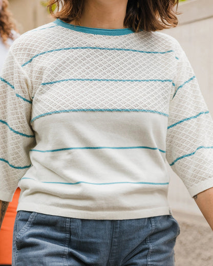 Migrate Organic Knitted Jumper - Blue Pool Stripe - Lifestyle