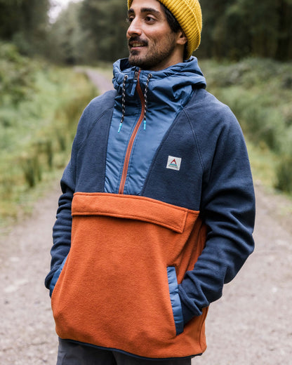 Woodland Hooded 1/2 Zip Recycled Polar Fleece - Deep Navy/Baked Clay - Lifestyle