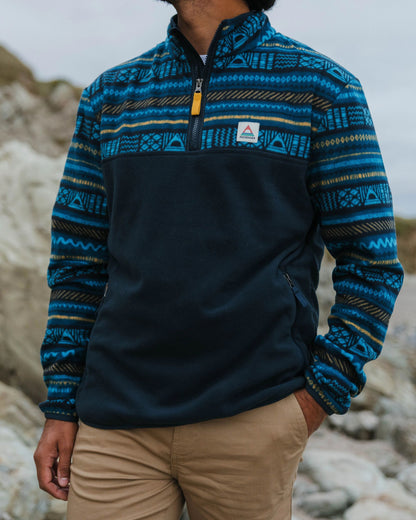 Set Off Recycled Polar 1/4 Zip Fleece - Patchwork Stripe Tidal Blue/ Deep Navy