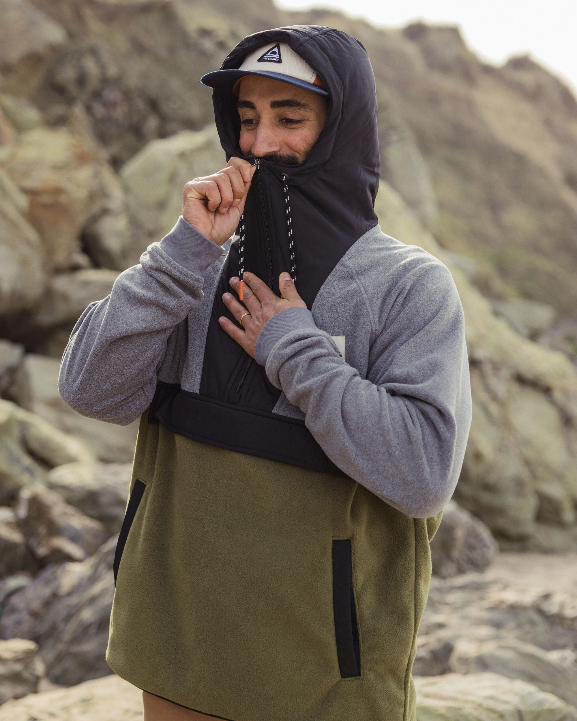Woodland Hooded 1/2 Zip Recycled Polar Fleece - Grey Marl/Khaki - Lifestyle