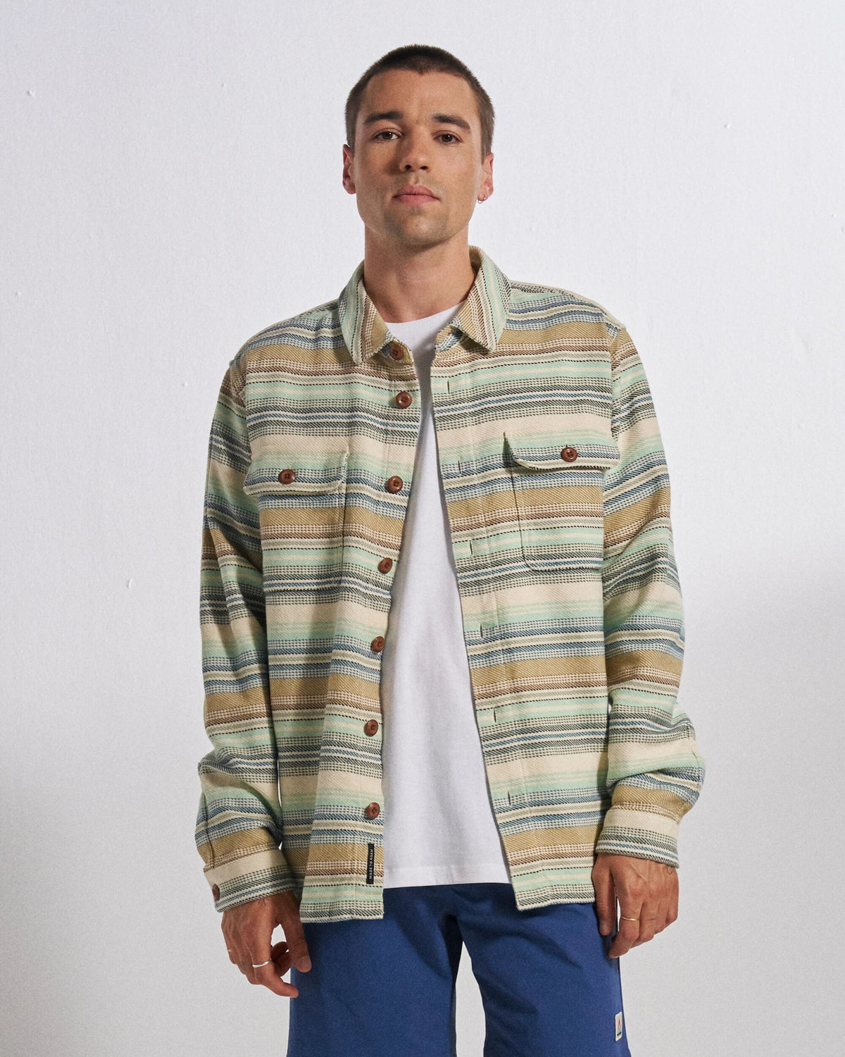 Island Twill Shirt - Caramel Beach Stripe - Studio Model