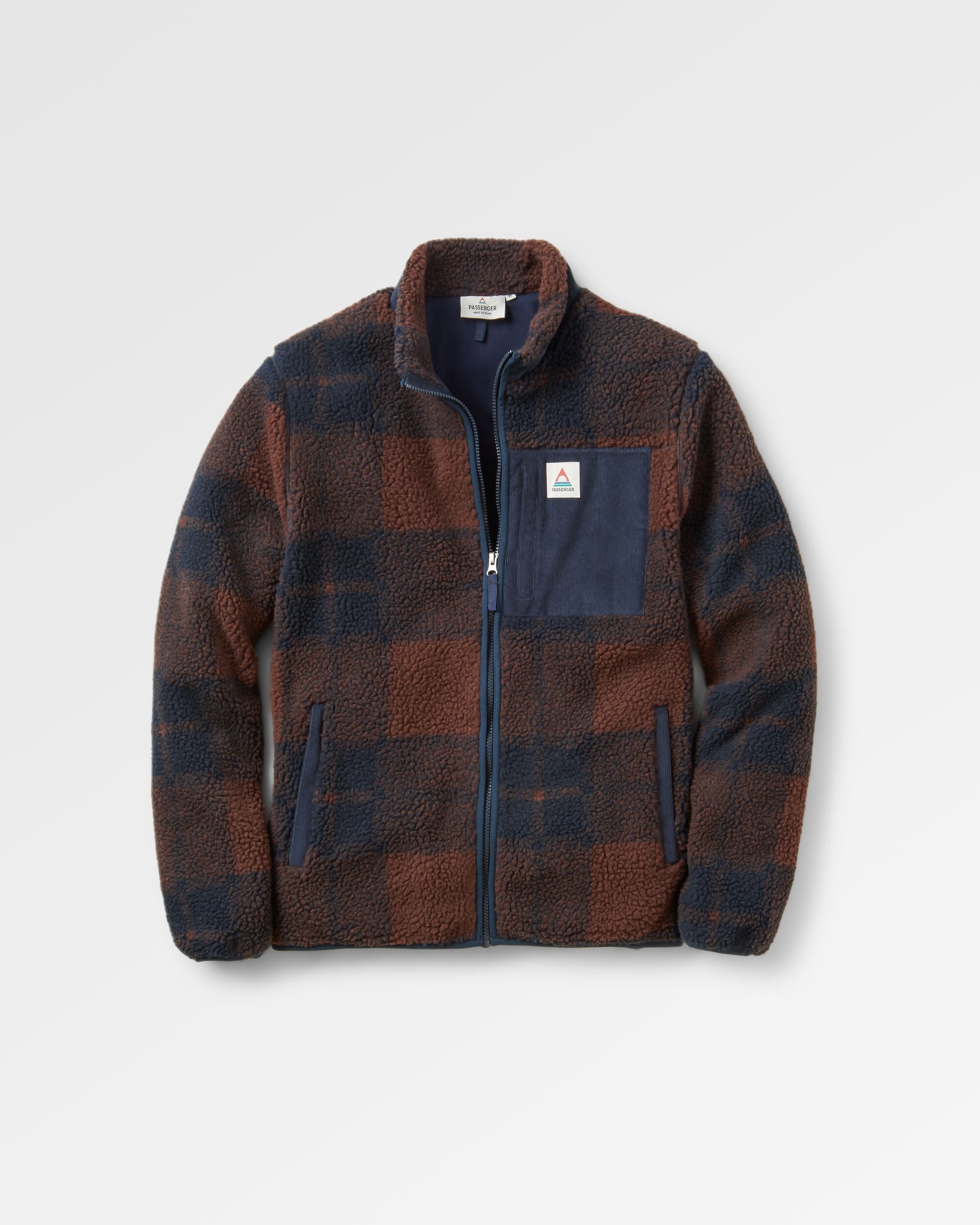Trekker Recycled Deep-Pile Sherpa Fleece - Chestnut/Deep Navy Check - Flatlay