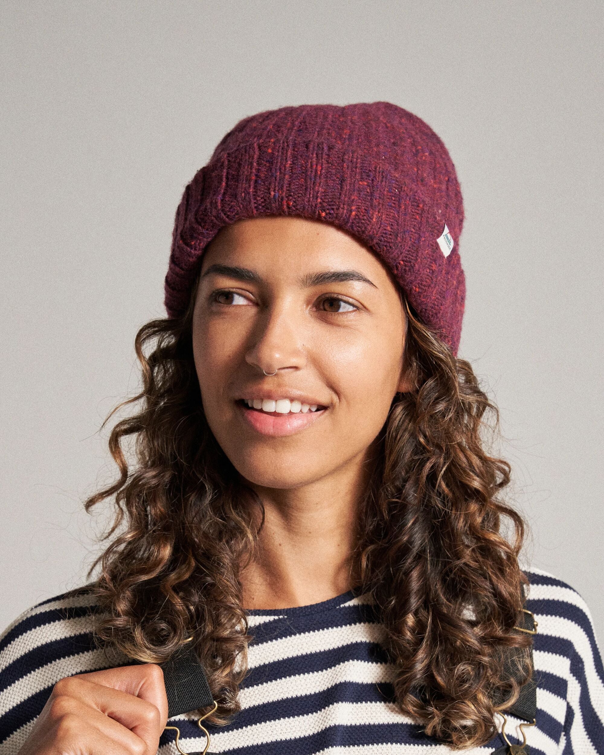 Fisherman Merino Wool Beanie - Wine - Studio Model - Female