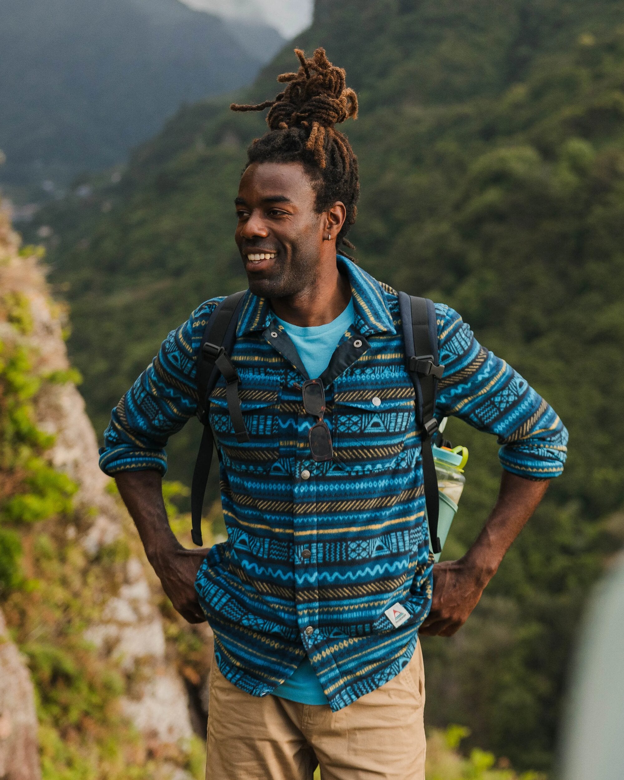 Maple Polar Recycled Fleece Shirt - Patchwork Stripe Tidal Blue - Lifestyle