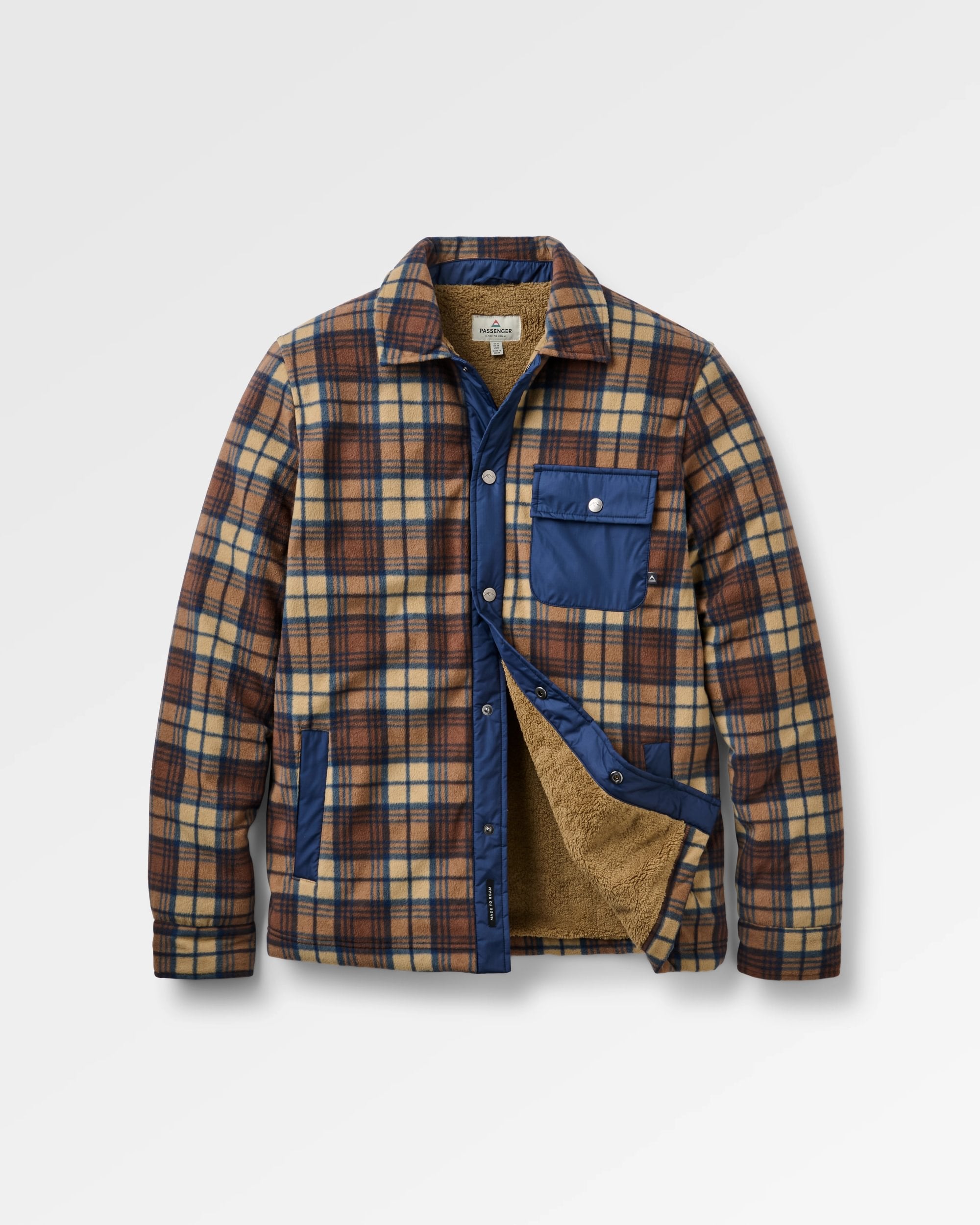 Firelight Sherpa Lined Overshirt - Rich Navy/Caramel Check - Flatlay