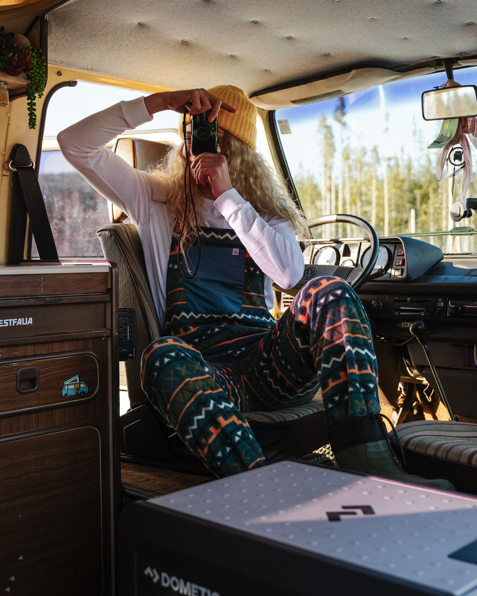 Ace Recycled Polar Fleece Dungarees - Retro Geo Mediterranean - Lifestyle