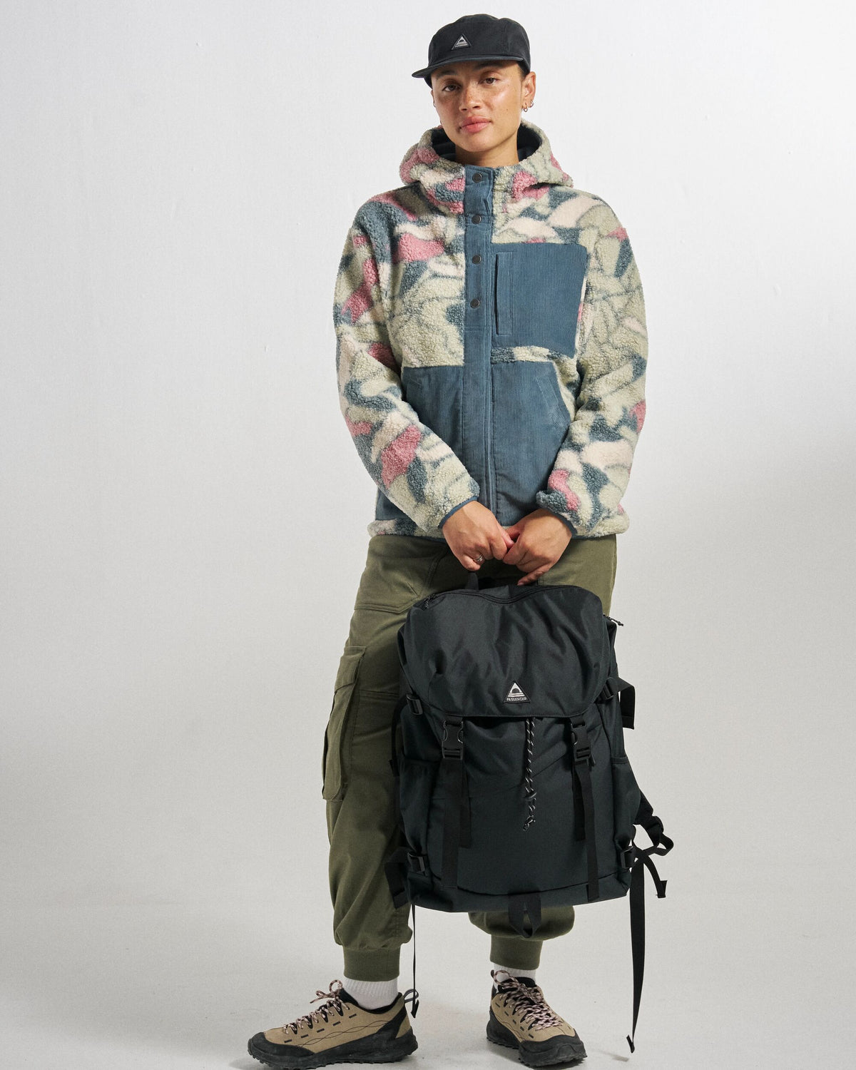 Clover Sherpa Fleece Hooded Jacket - Slower Rhythms Stormy Blue - Studio Model