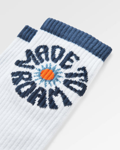 Made to Roam Graphic Crew Socks - White/Navy - Flatlay
