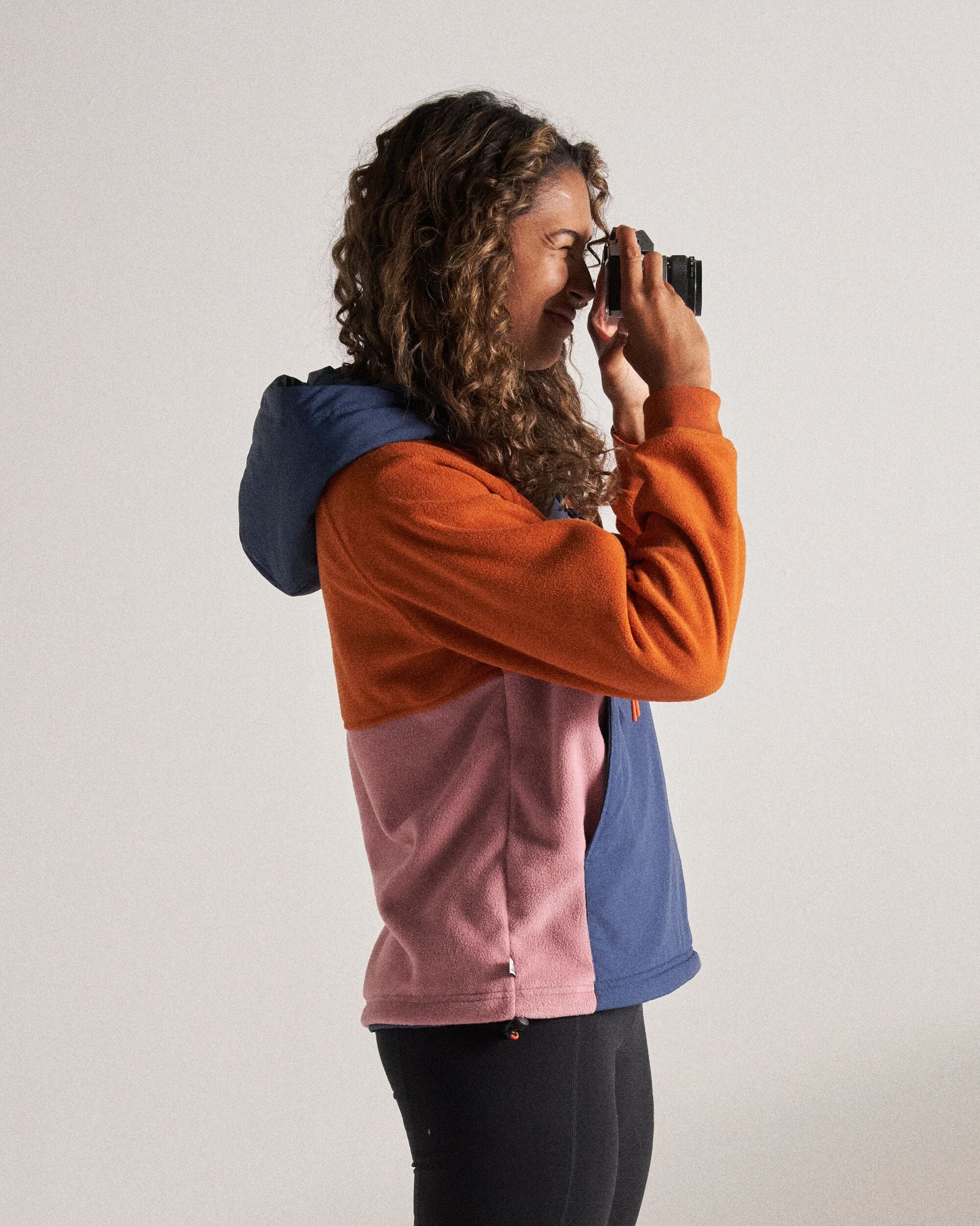 Alexander Recycled Hooded Polar Fleece - Dark Denim/Sunset Orange - Studio Model