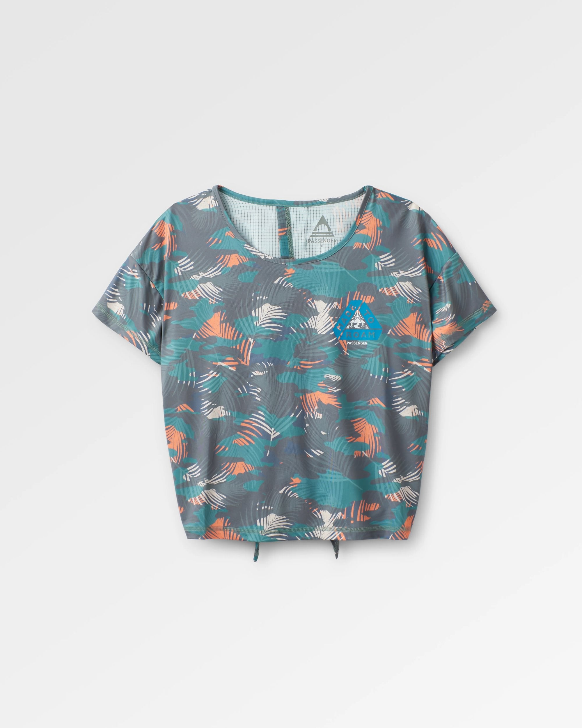Chakra Tie Back Active Recycled T-Shirt - Palm Camo Deep Sea - Flatlay