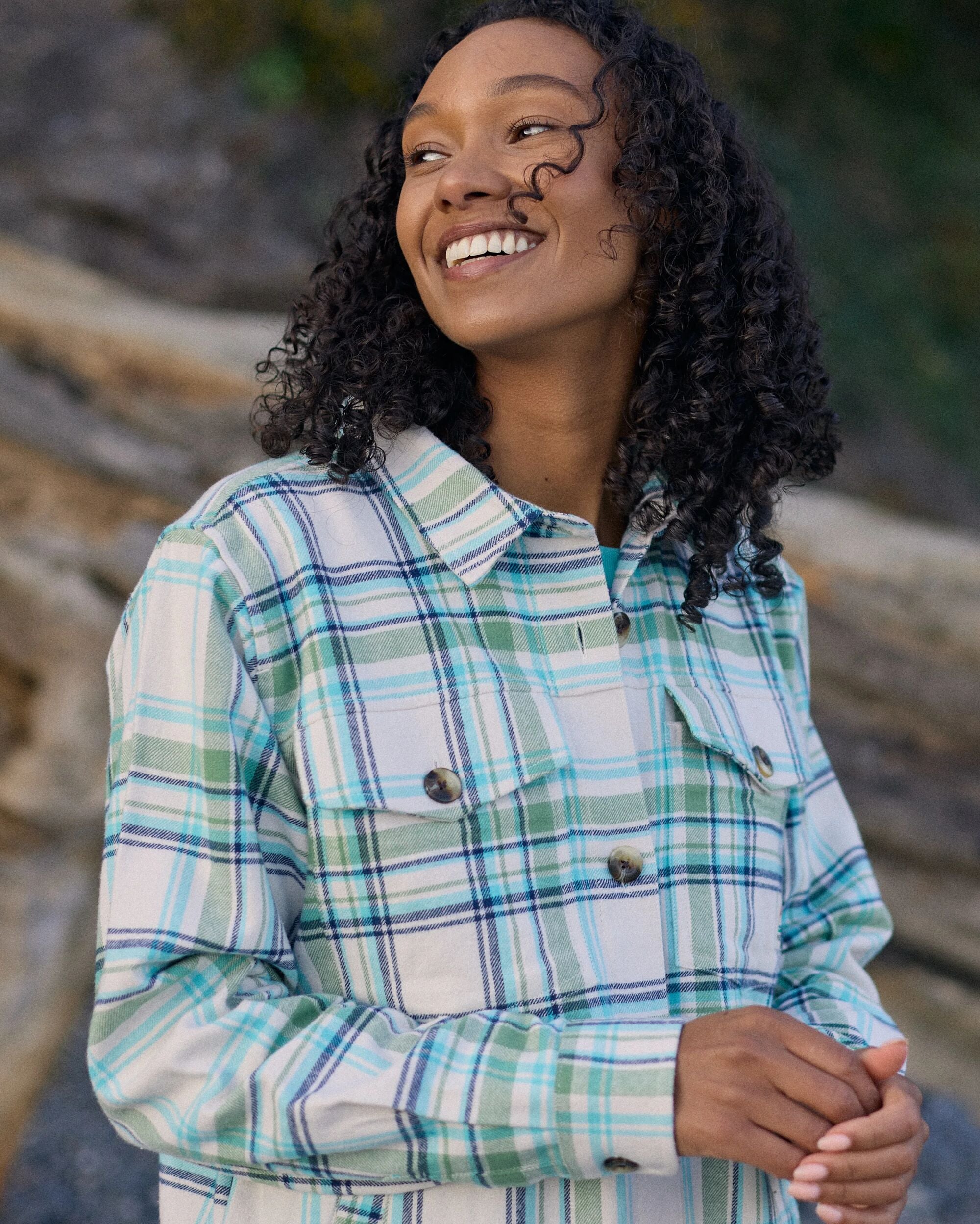 Stella Organic Cotton LS Shirt - Vintage White/Stem Green Check - Lifestyle