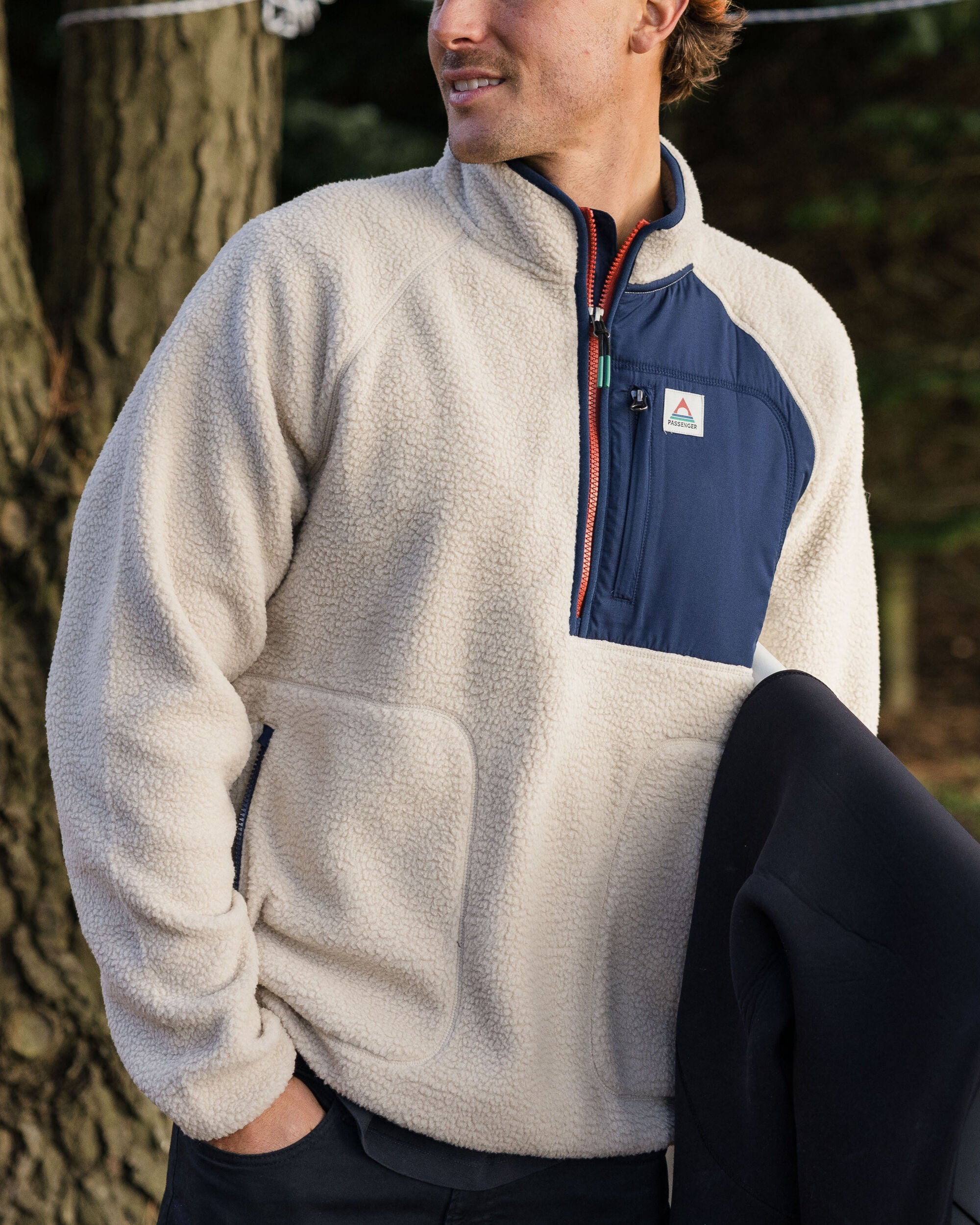 Offgrid 1/2 Zip Recycled Sherpa Fleece - Oatmeal/Navy - Lifestyle