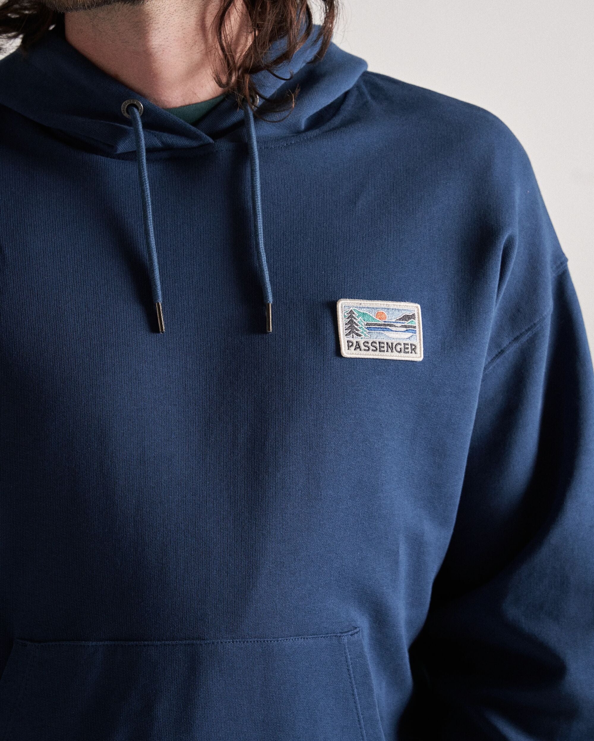 Roamer Patch Relaxed Fit Hoodie - Dark Denim - Studio Model