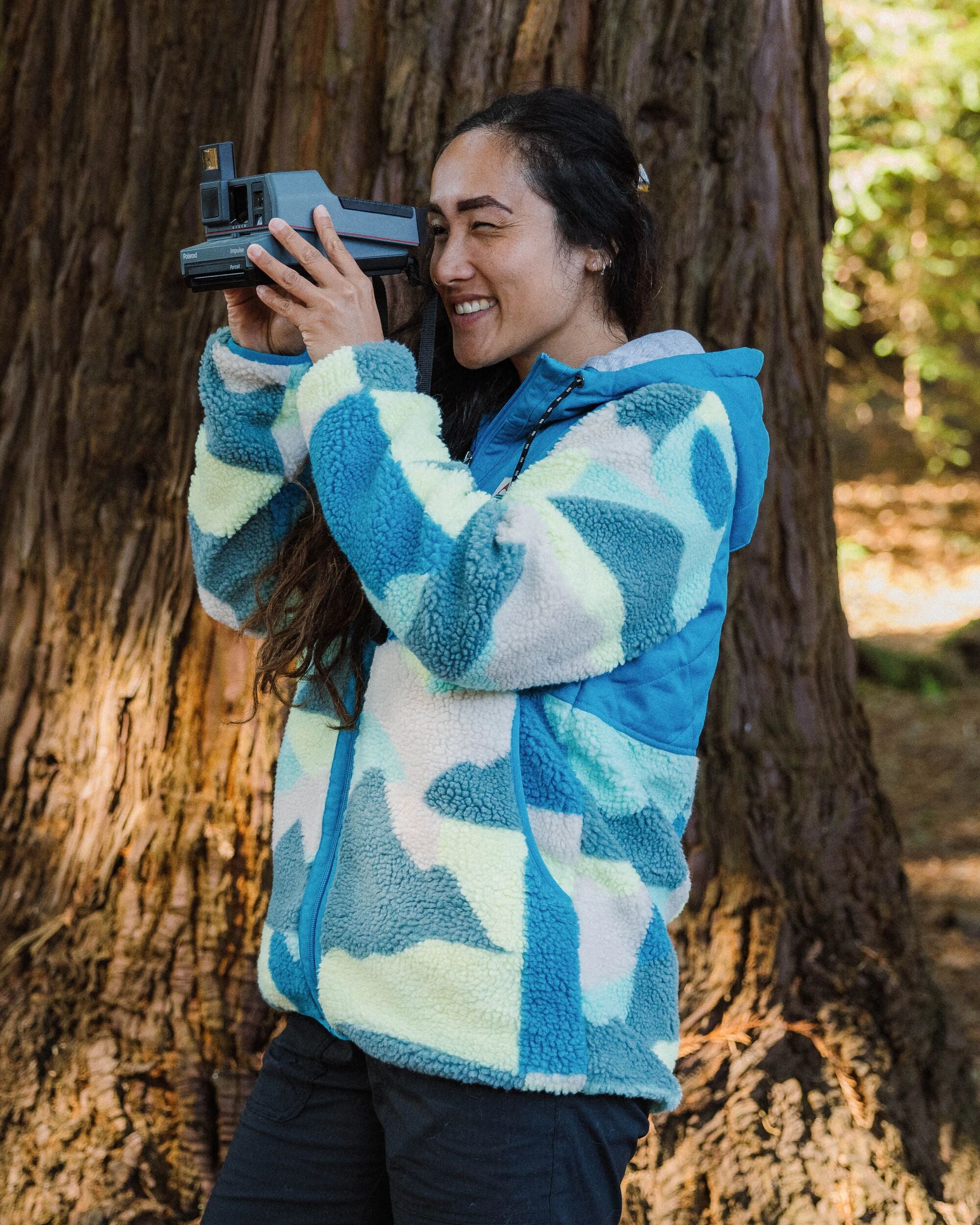 Sefton Recycled Deep-Pile Sherpa Full Zip Fleece - Vista Patchwork Aqua - Lifestyle