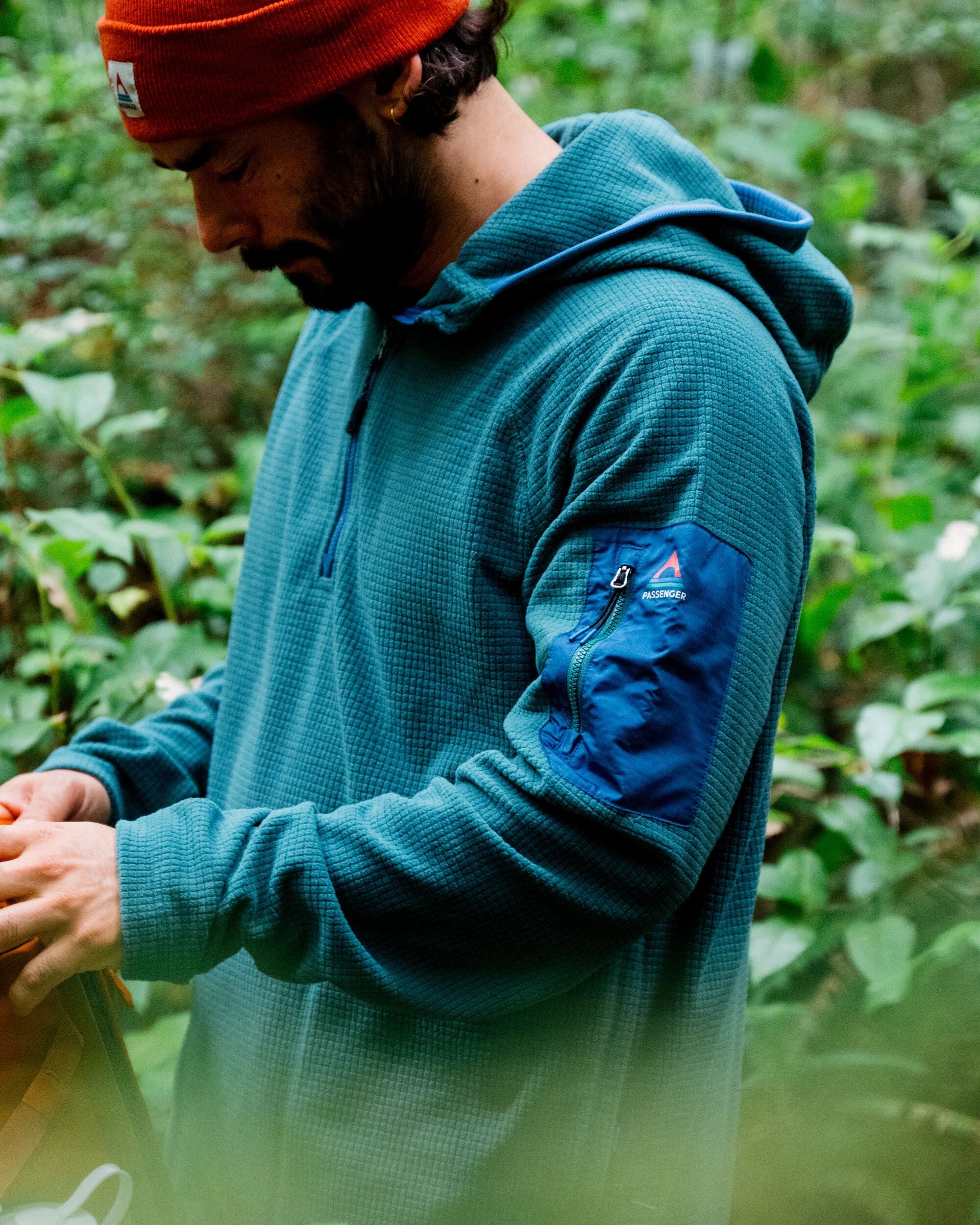 Forestscape Recycled Grid Fleece Hoodie - Deep Ocean - Lifestyle
