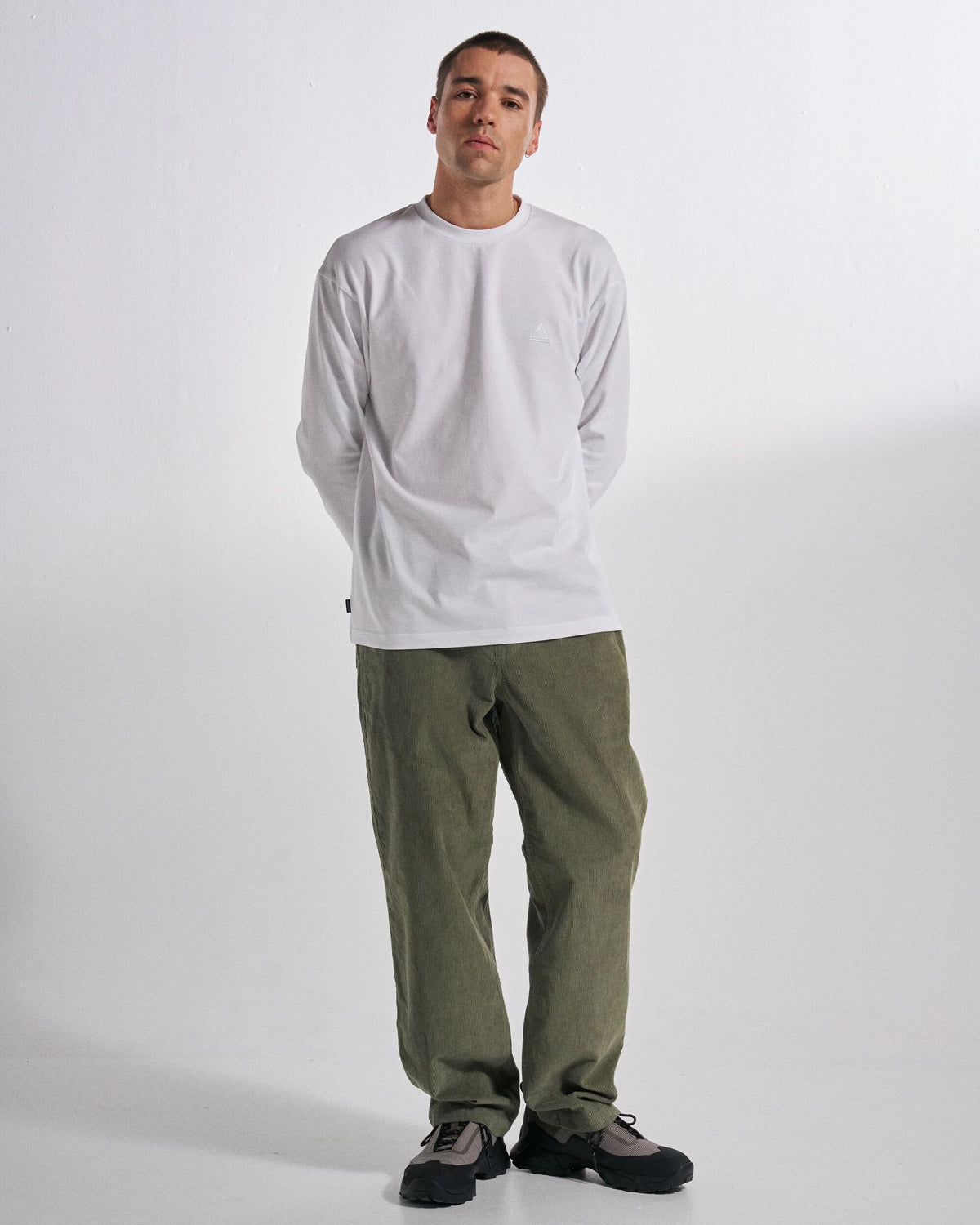 Drifter Cord Relaxed Fit Trouser - Dusty Olive - Studio Model
