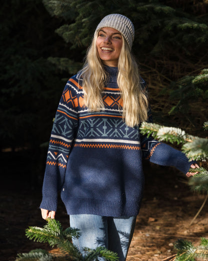 Whimsical Oversized Recycled Polo Neck Knitted Jumper - Homespun Stripe Navy