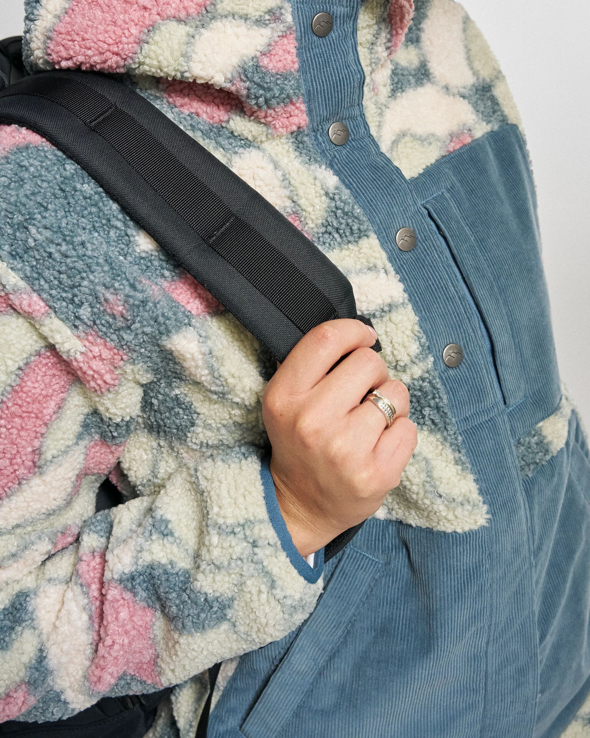 Clover Sherpa Fleece Hooded Jacket - Slower Rhythms Stormy Blue - Studio Model