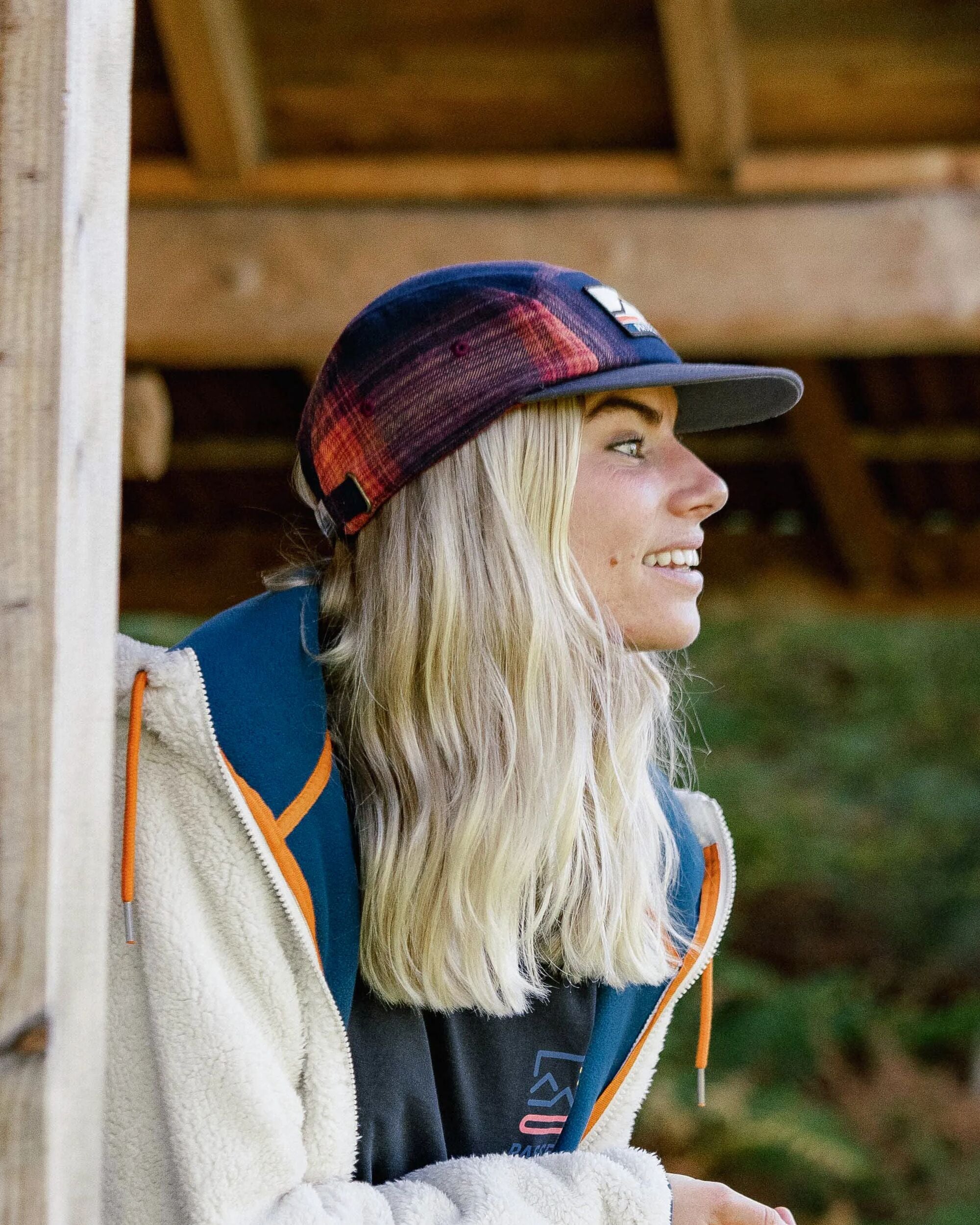 Fixie Recycled Flannel 5 Panel Cap - Rich Navy/ Red Ochre Check - Lifestyle - Female