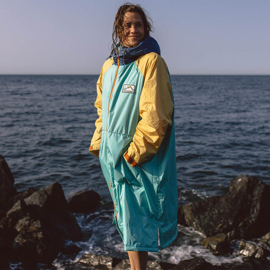 Womens_Roaming Sherpa Lined Changing Robe - Blue Turquoise/Ochre Yellow